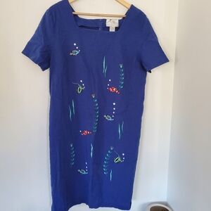 COUNTRY CONCEPT Blue Linen Blend SS Dress XL Embroidered Aquatic Fish Coastal